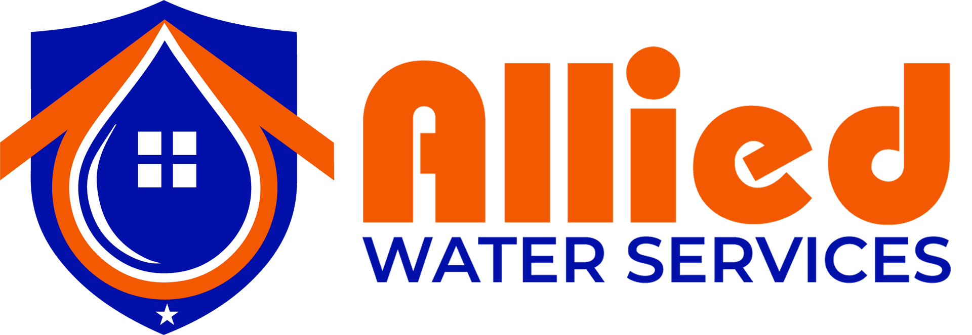 Logo for Allied Water Services, a blue shield with an orange house and a water drop inside, and says "Allied WATER SERVICES".