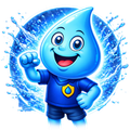 Blue water droplet mascot smiling and waving, with a splashy water background and blue outfit