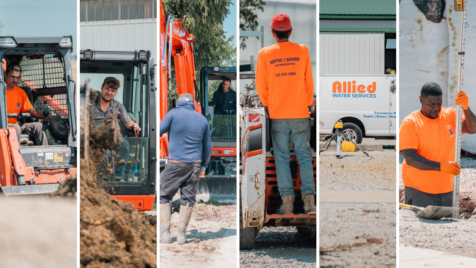 Construction workers in orange and camo clothing using a mini excavator at a building site