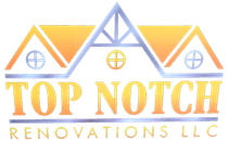 Top Notch Renovations LLC logo with orange and blue house roofs and lettering