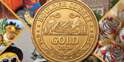 Boulder County Gold 2026 medal with a mountain scene and colorful food and craft items around it