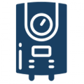 Blue and white appliance icon with a gauge display and small feet