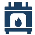 Blue stove icon with a flame inside an oven opening
