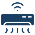 Blue Wi‑Fi air conditioner icon with cool airflow lines underneath