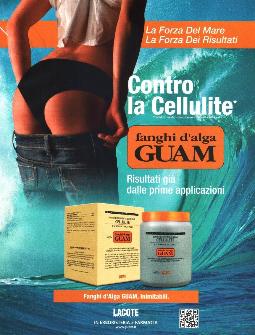 Pubblicità per i fanghi anticellulite Guam. Donna in jeans che li tira su, confezioni dei prodotti, testo, sfondo ondulato.