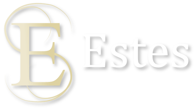 Logo with a large, gold letter "E" stylized with overlapping circles, followed by the white text "Estes."
