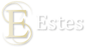 Logo with a large, gold letter "E" stylized with overlapping circles, followed by the white text "Estes."
