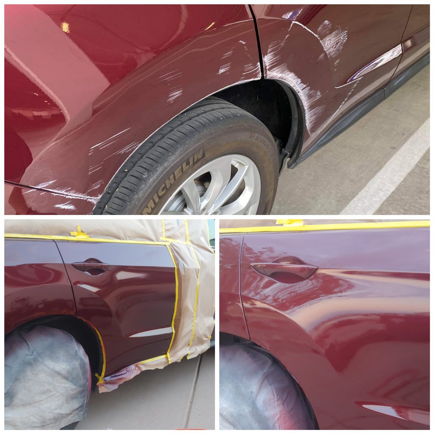 a before and after of a red car with a scratch on the quarter panel and bumper .