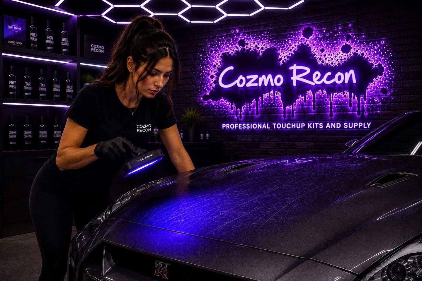 Detailer polishing a black car under purple lighting in a Cozmo Recon studio