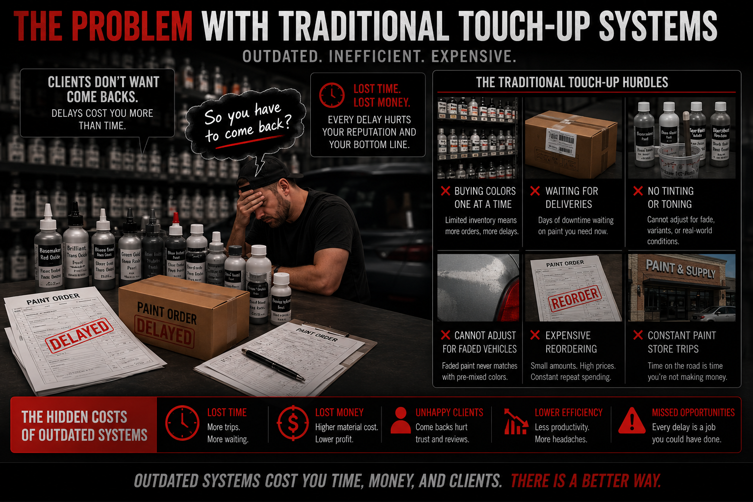 Ad for traditional touch-up systems: mechanic in shop surrounded by paint cans and repair materials.