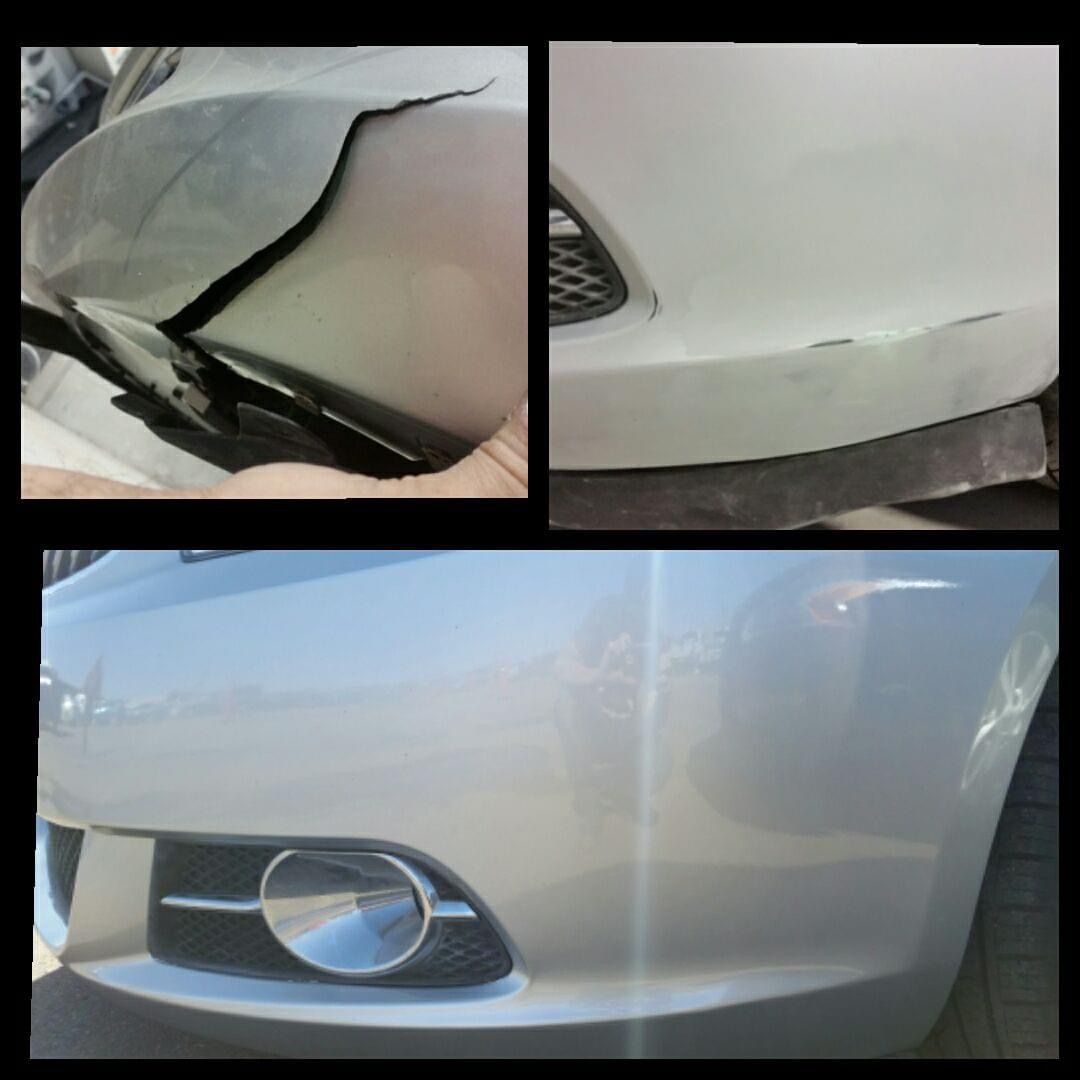 Damaged car bumper before and after repair; various angles. Silver paint, cracked and repaired sections.