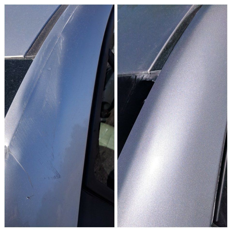 a before and after picture of a silver car roof rail .