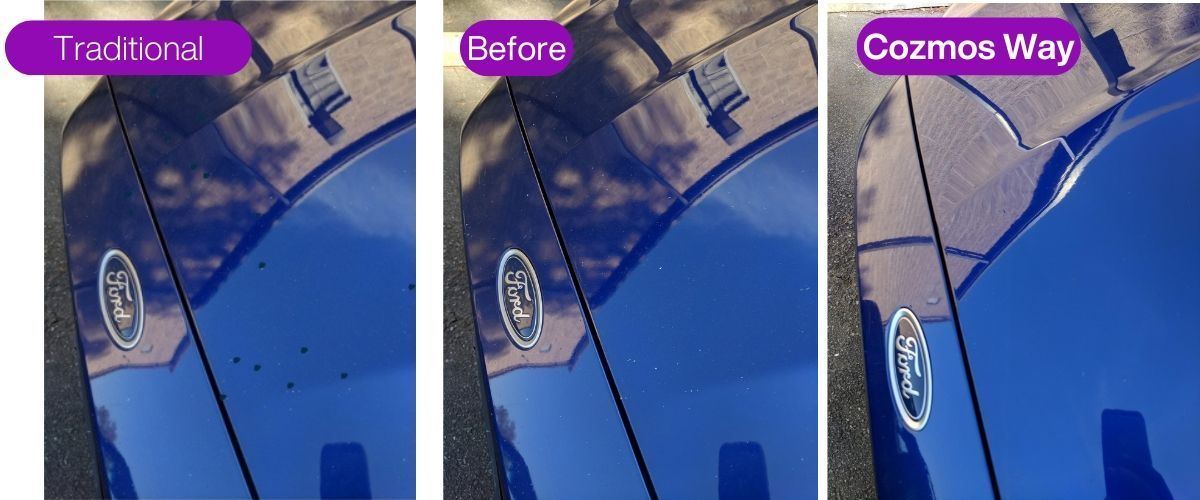 A picture of a car before and after using cozmos way of touch up