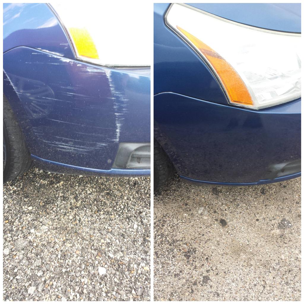 a before and after photo of a blue car 's bumper .