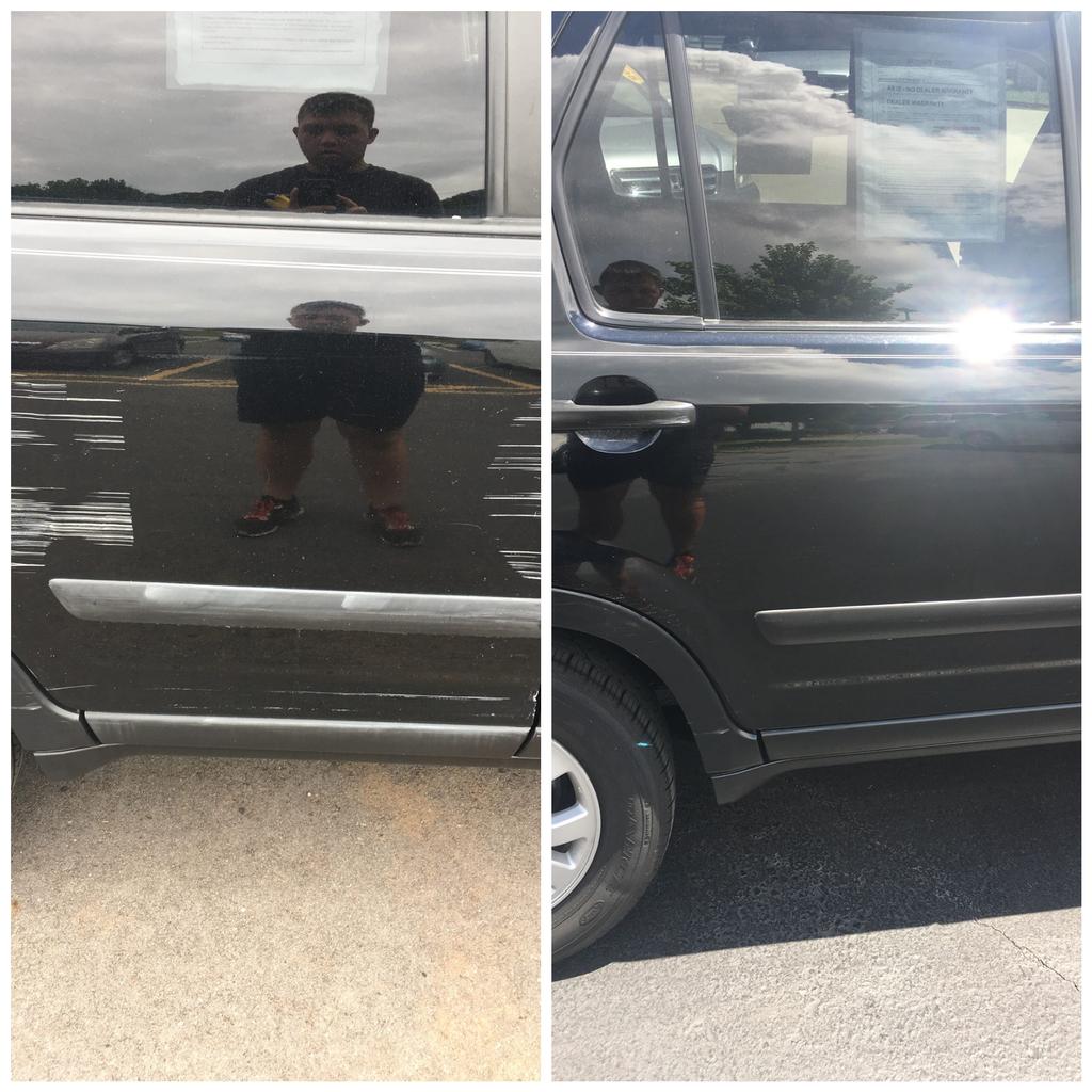 a before and after of scratches along the door .