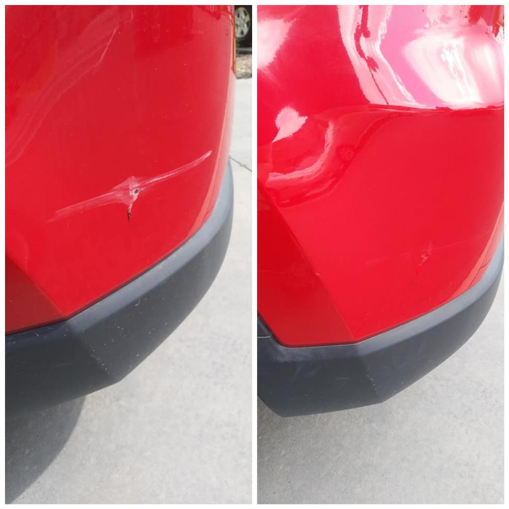 a before and after photo of a red car 's bumper .