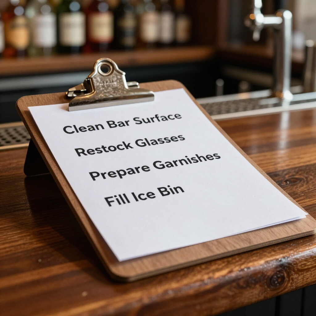 A clipboard with a checklist for a restaurant opening next to a pen.