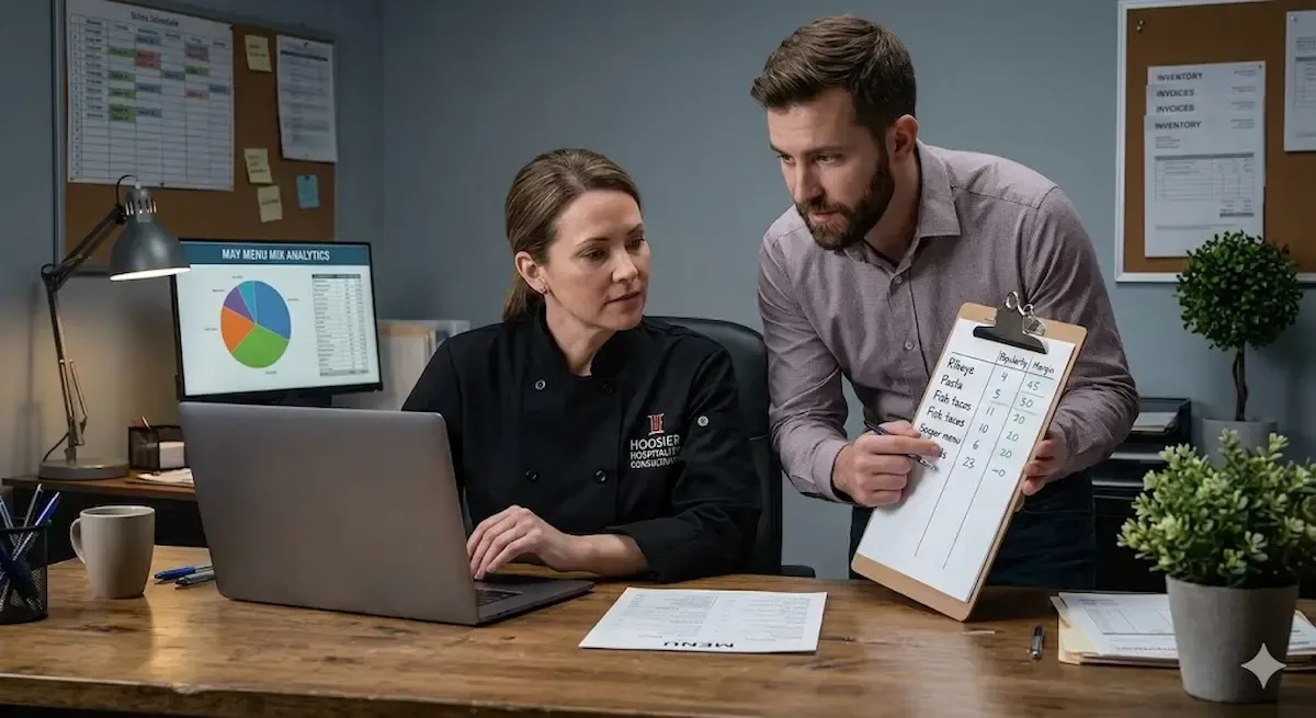 Two coworkers review charts at a desk, with a laptop, clipboard, and plant in an office.