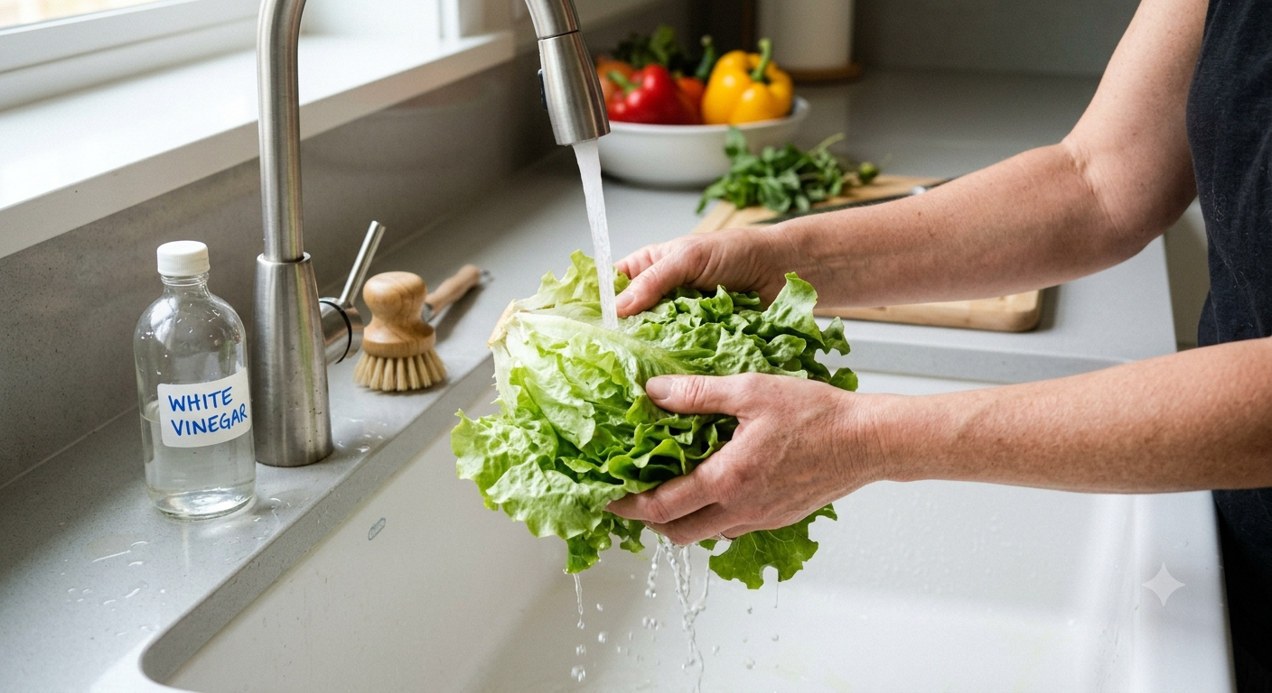 Hands rinsing lettuce under a kitchen faucet in a bright sink area.