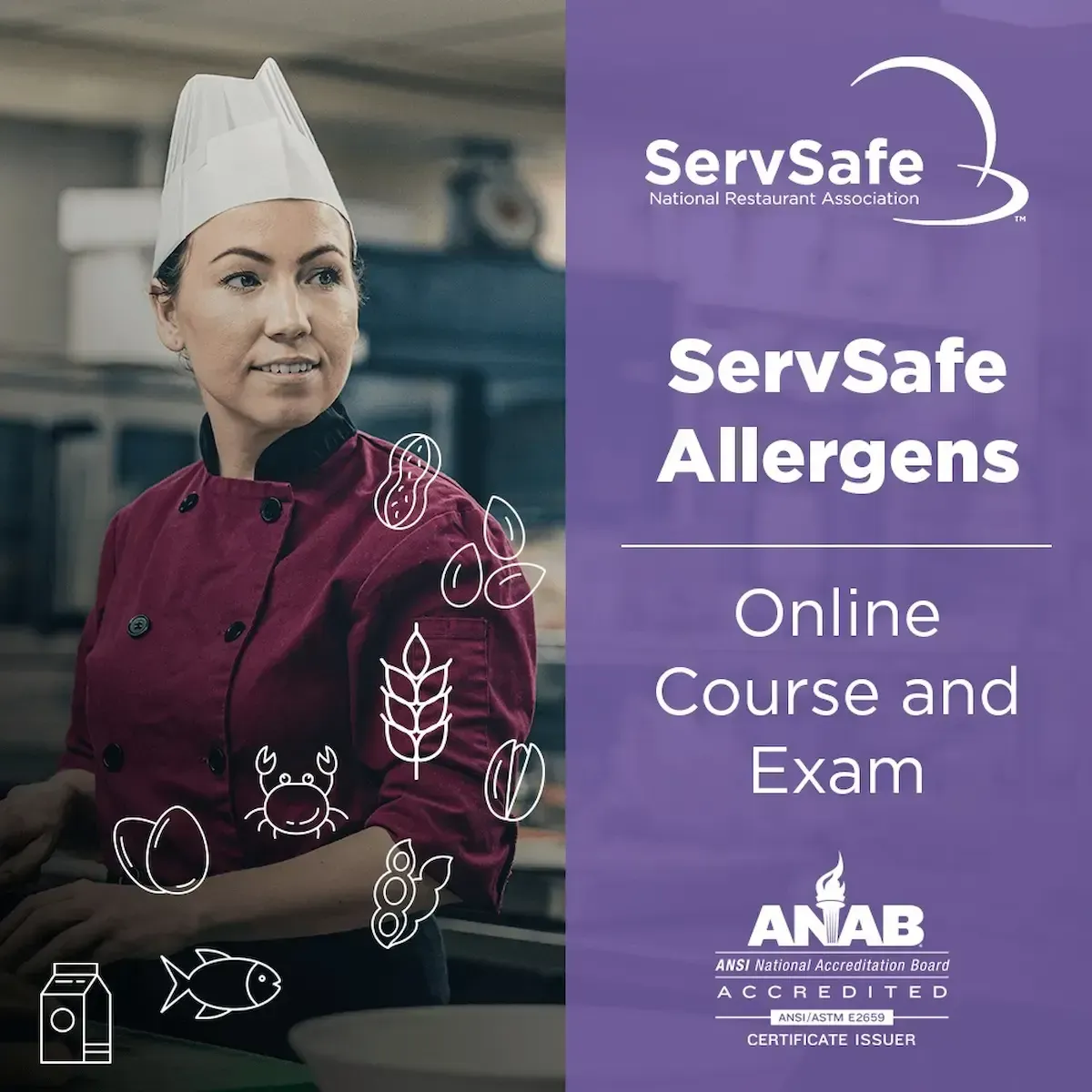 ServSafe Online Allergens Course. Chef in a red coat and toque, with allergen icons overlaid.