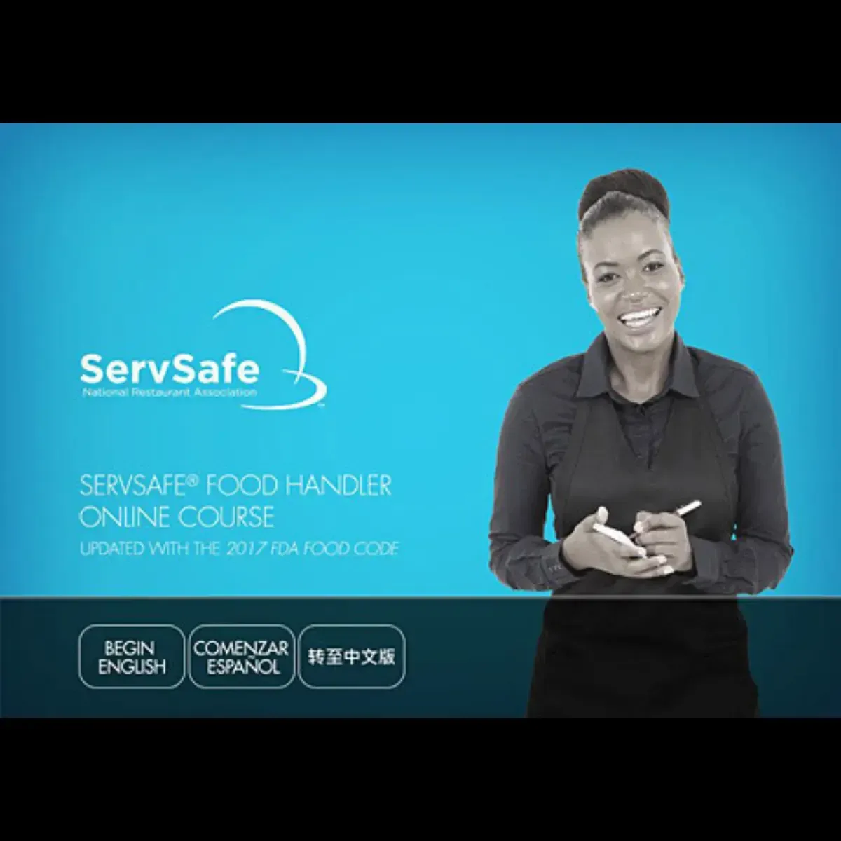 ServSafe Food Handler Online Course with smiling woman in apron, holding a pen.