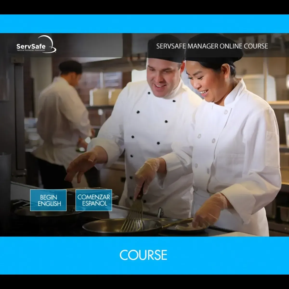 ServSafe Manager Online Course. Two smiling chefs in uniform and gloves cook in a professional kitchen.