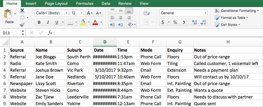 Tradies Lead Spreadsheet