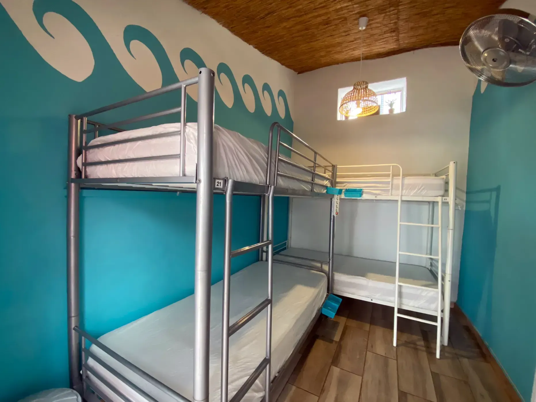 a bunk bed in a room with blue walls and a fan .