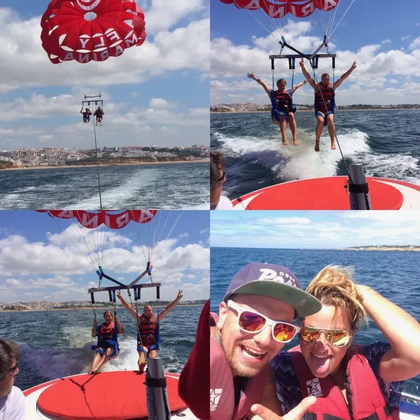 a collage of four pictures of people parasailing in the ocean