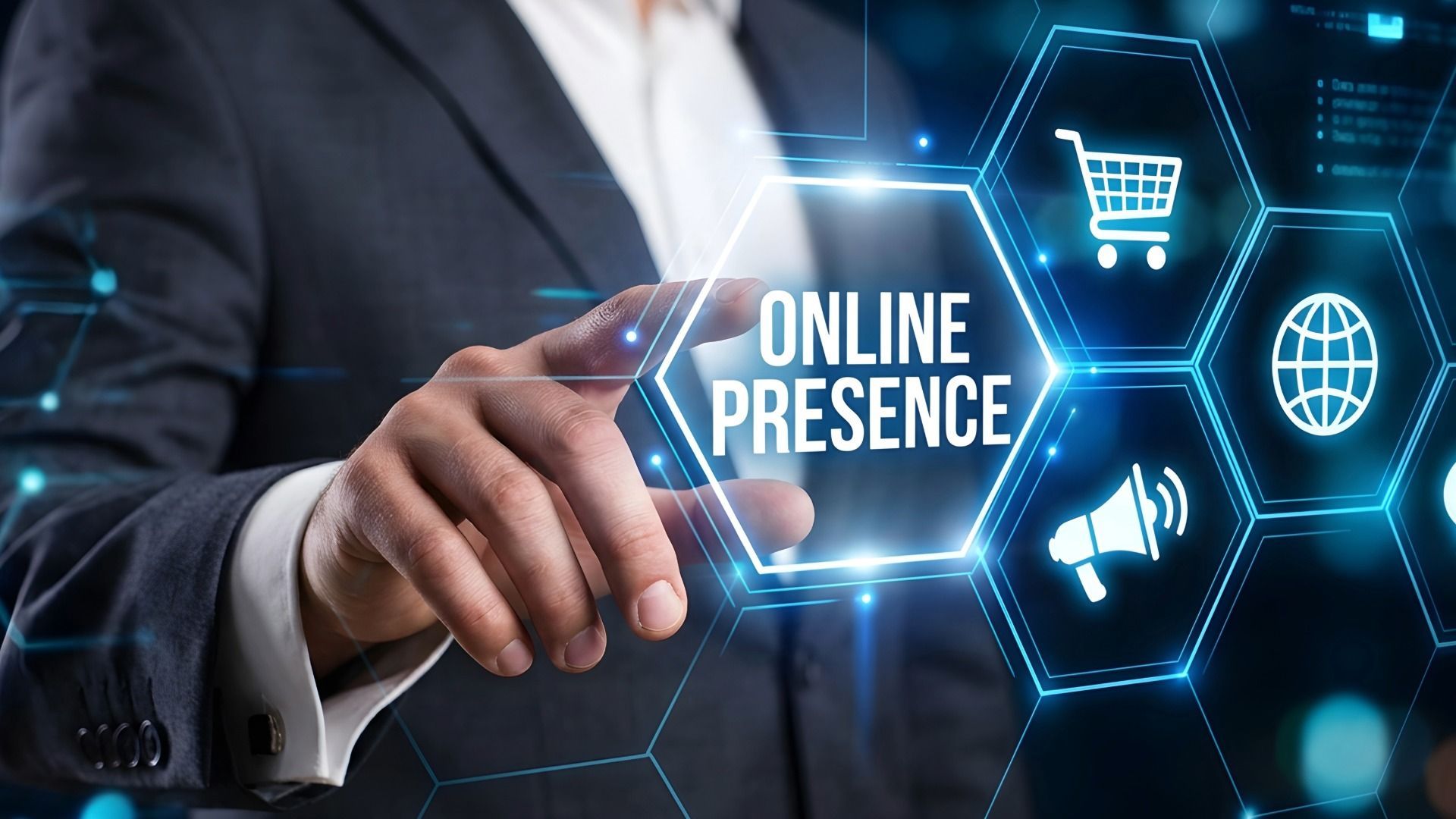 Businessman touching holographic icons with “ONLINE PRESENCE” text in a digital marketing interface