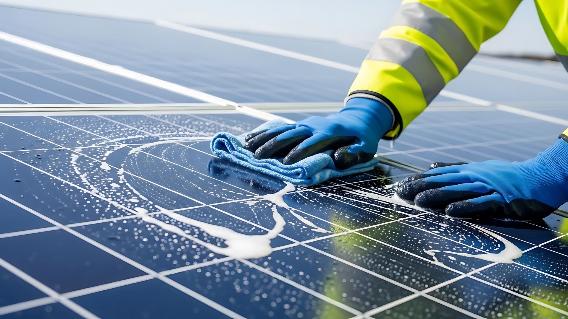 Worker cleaning solar panels with a squeegee and blue gloves on a sunny rooftop.
