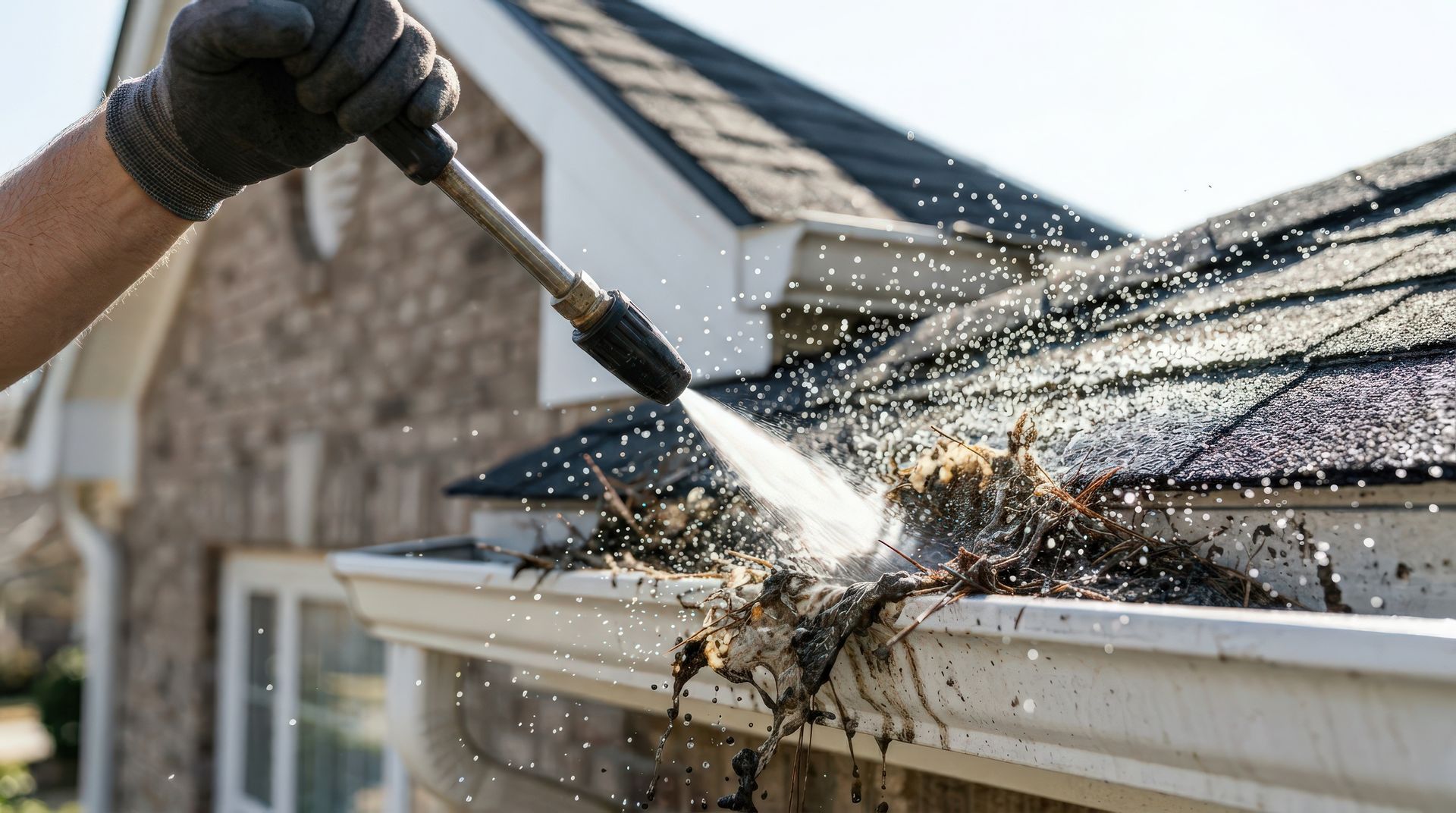 Person power-washing a house roof, spraying water and debris off the gutter