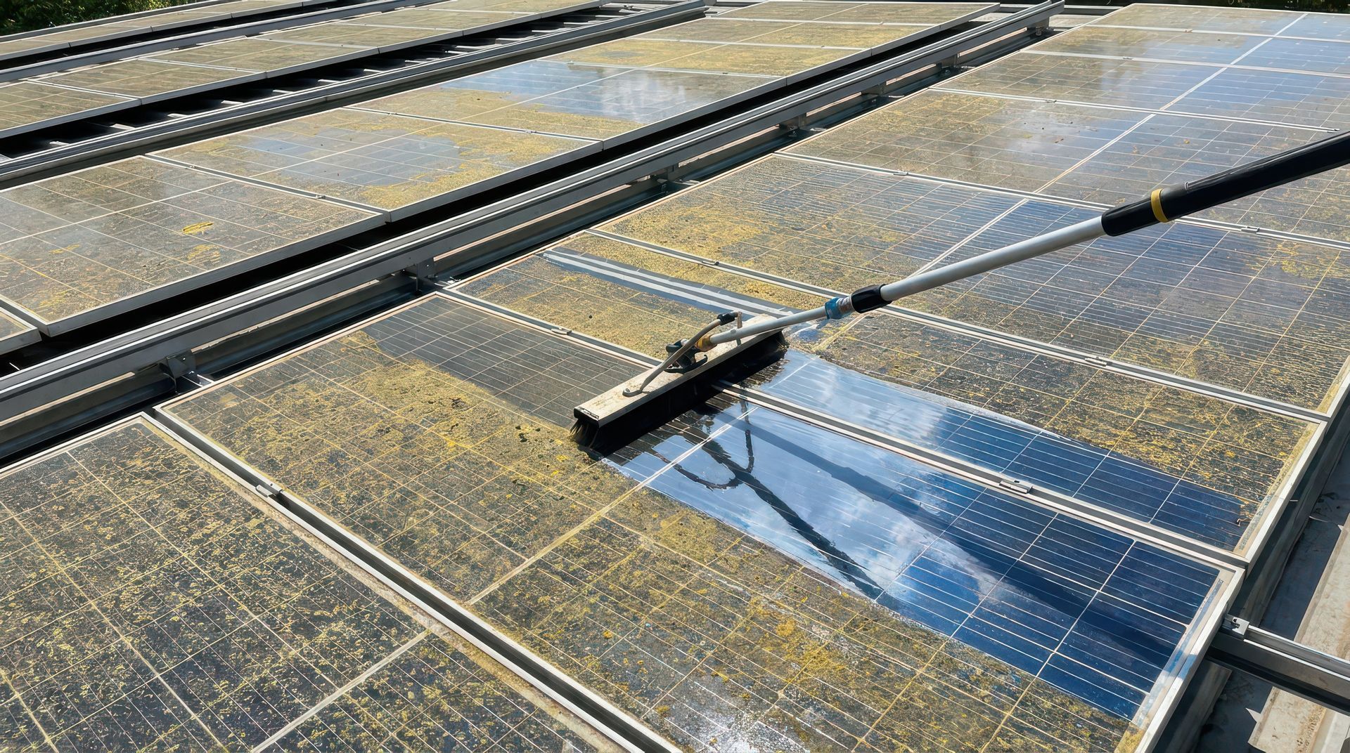 Solar panel array being cleaned with a long-handled brush on a roof.