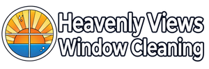 Heavenly Views Window Cleaning logo with sunrise over water and mountains in a circular icon.