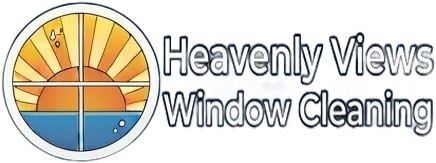 Heavenly Views Window Cleaning logo with sunrise over water and mountains in a circular icon.