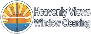 Heavenly Views Window Cleaning logo with sunrise over water and mountains in a circular icon.