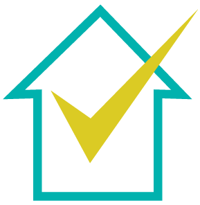 Teal house outline with a yellow checkmark inside, symbolizing home approval or certification