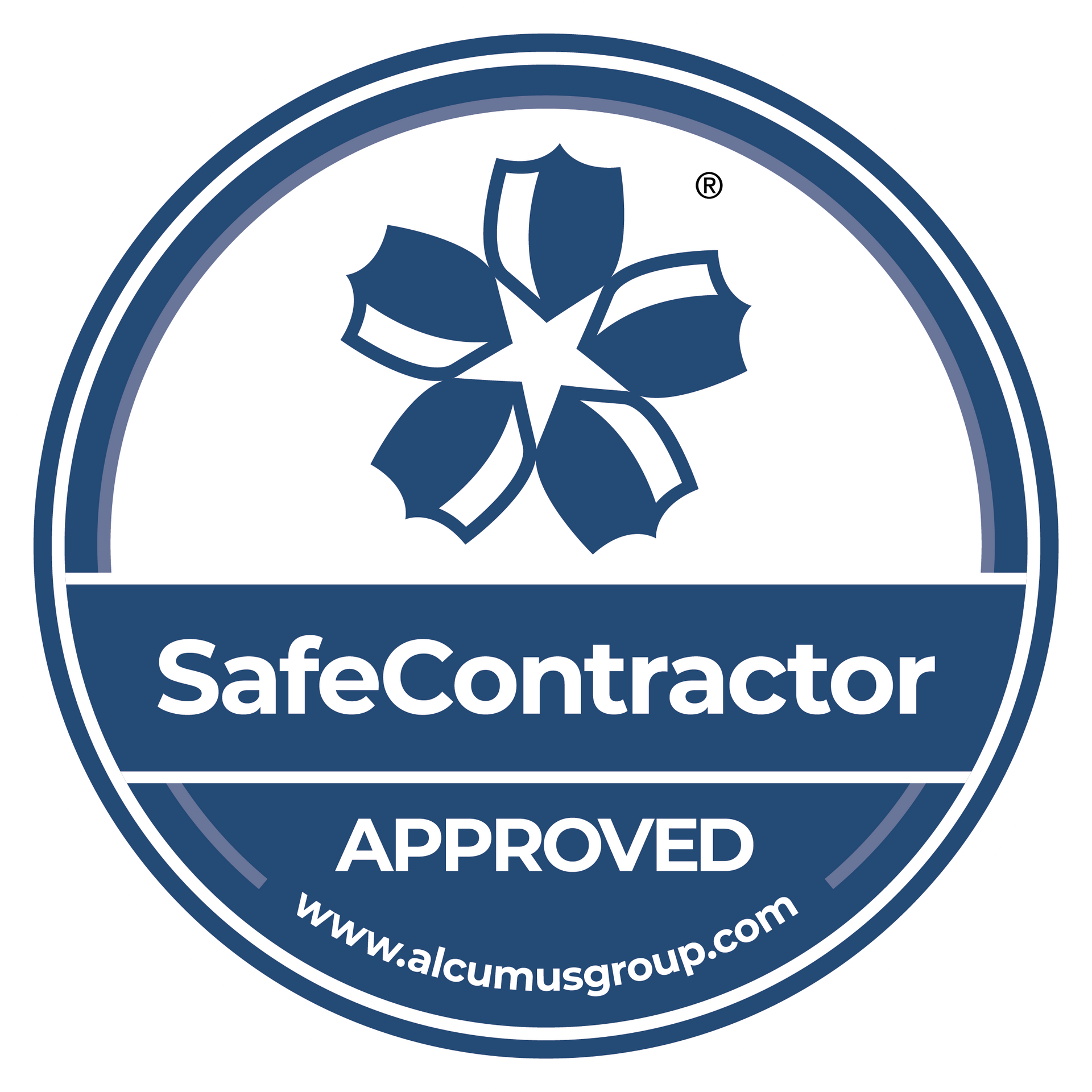 Blue and white SafeContractor Approved circular badge with star logo and website text at bottom