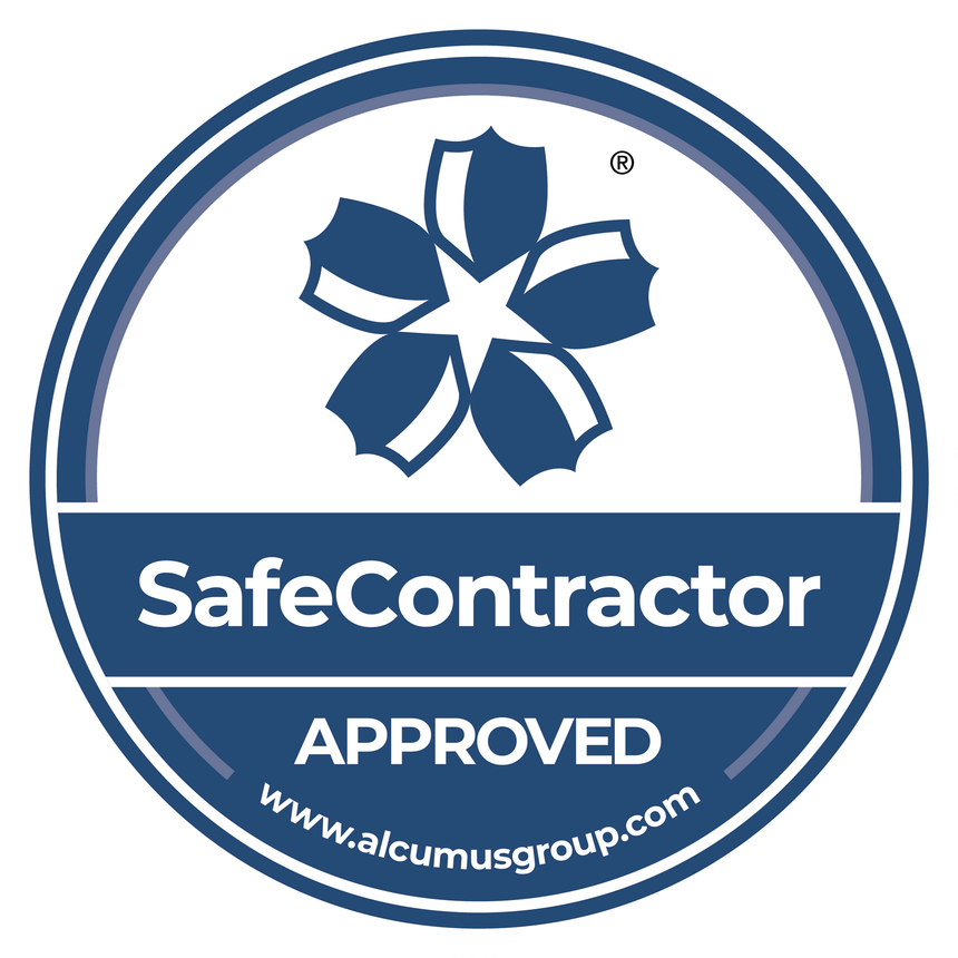 SafeContractor Approved blue and white certification logo with company name and website.