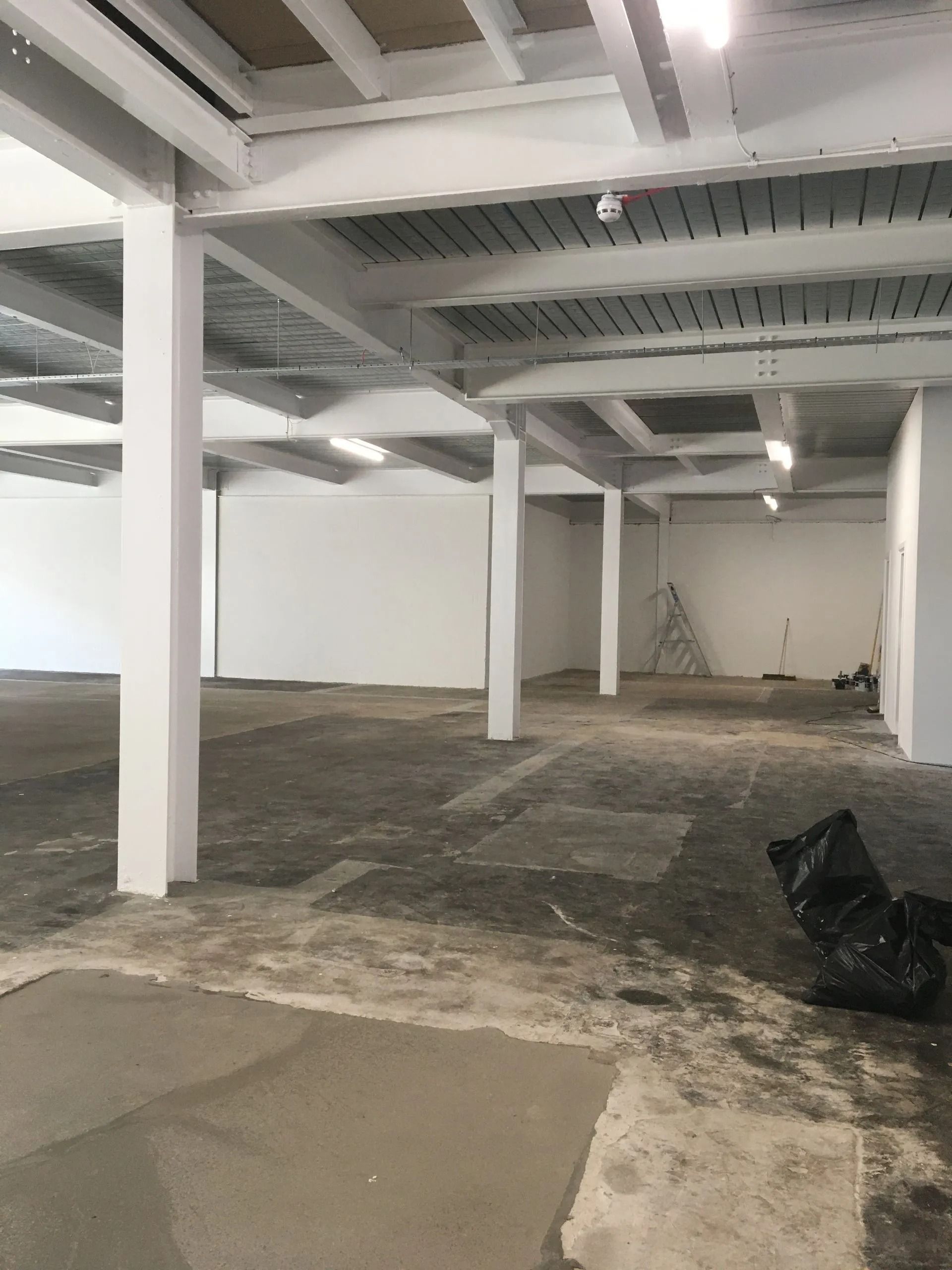 Empty industrial interior with white columns, concrete floor, and a ladder in the back corner