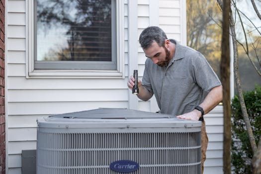 A technician uses a flashlight to inspect the top of an outdoor Carrier air conditioning unit next to a house.