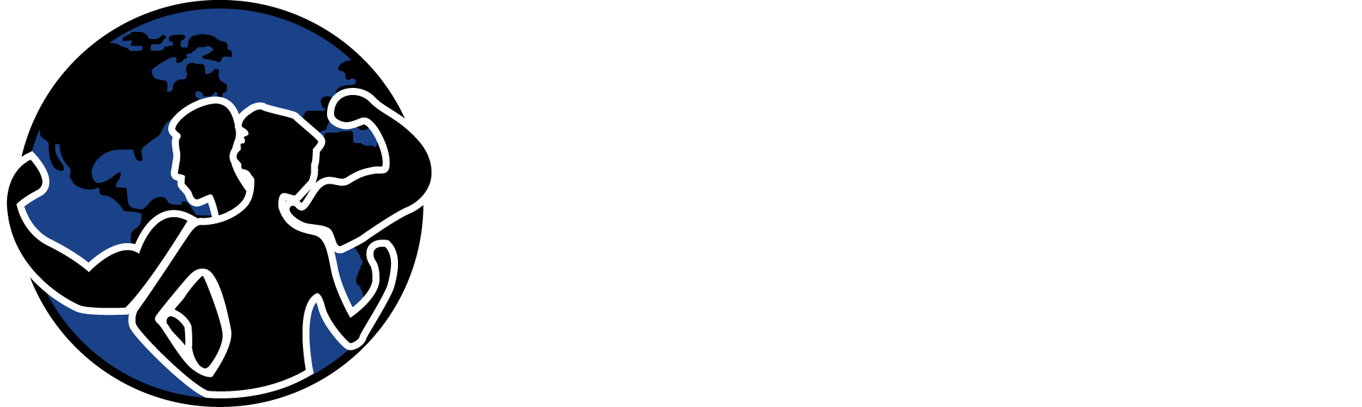 A black and white logo of a globe with two people hugging it.