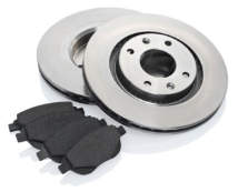 Two new brake rotors and four brake pads.