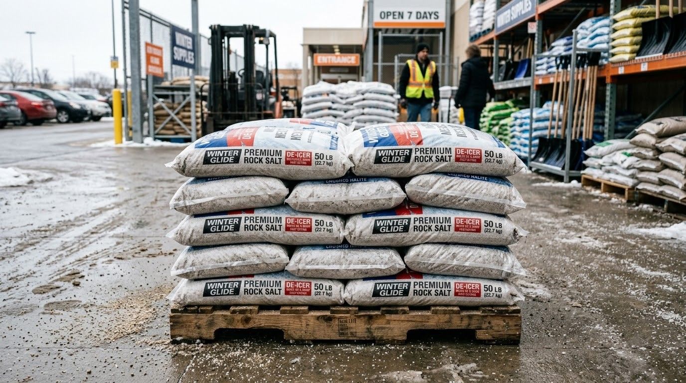 Stacked bags of cement on wooden pallets outside a warehouse in a muddy industrial yard
