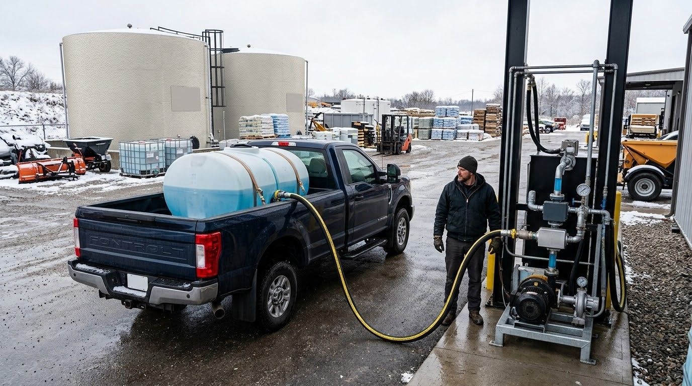 Black pickup truck being fueled by a worker at an industrial site on a snowy day