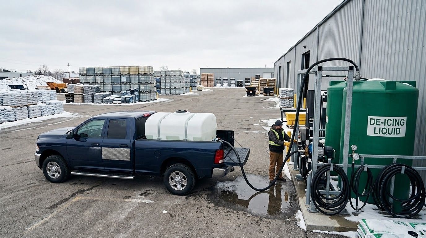 Blue pickup truck with white tank parked beside industrial equipment and a building in a snowy lot