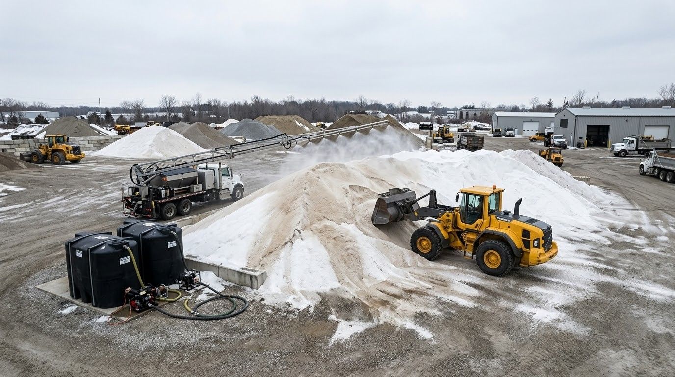 Yellow loader and overturned dark truck in a snowy construction site with piles of dirt and equipment.