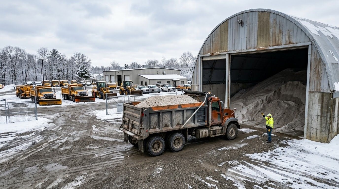 Dump truck unloading gravel at a snowy construction site beside a large shed