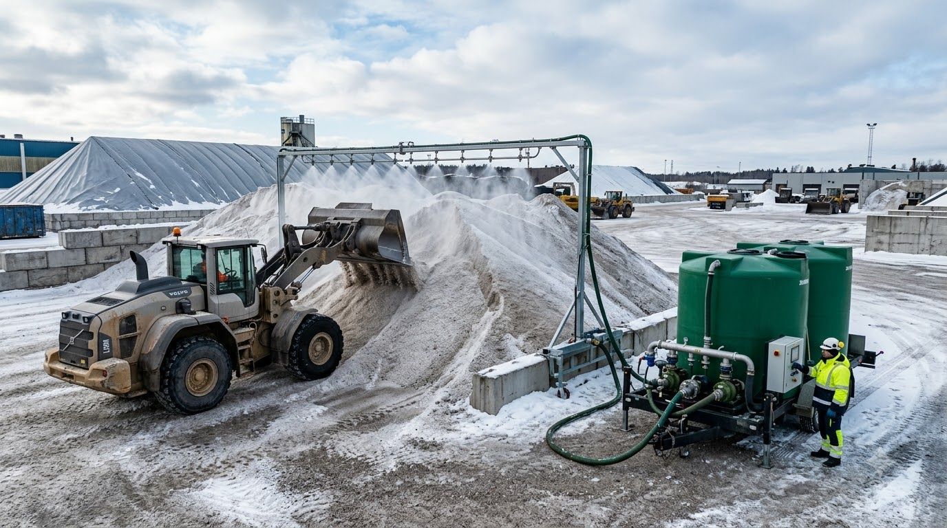 Bulldozer and loader spray snow at a farm silo beside green tanks in a snowy yard