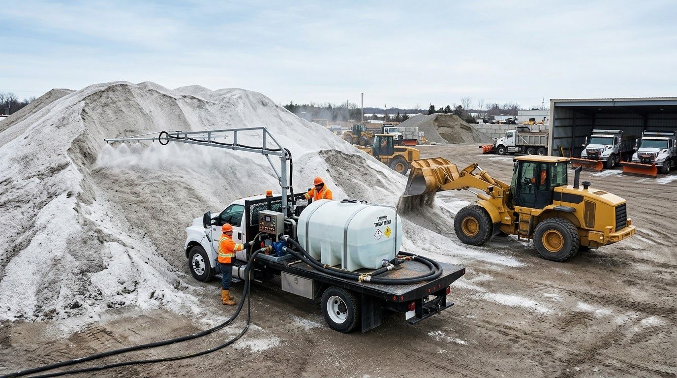 Snow-covered construction site with a white tanker truck, yellow loader, and large snow piles